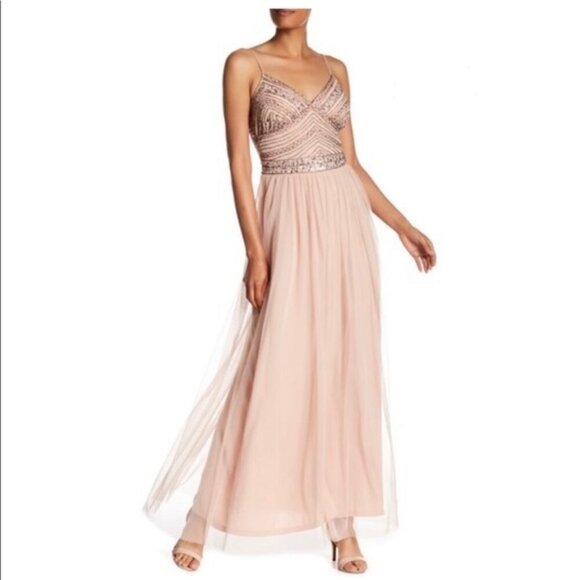 Marina | Plus Size 14 Embellished Beaded Sequin Art Deco Pleat Skirt Mesh Gown - Picture 1 of 16